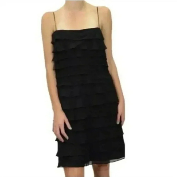 Tadashi Neiman Marcus Black Silk Ruffled Tiered Layered Sleeveless Dress Sz 4 - Picture 1 of 11